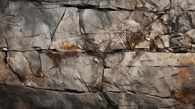 Detailed Closeup of a Rugged Gray and Brown Rock Face Texture Showing Natural Cracks and Weathered Surface Ideal for Backgrounds and Design Projects Highresolution image showcasing the intricate detai photo