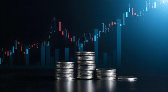Stacks of coins growing against a background of a dynamic financial chart symbolizing financial growth and investment success in the global market This image is perfect to illustrate concepts of wealt photo