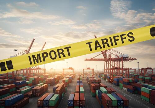 Cargo containers stacked at a busy port with a caution tape reading IMPORT TARIFFS signifying trade and global economics creating a sense of restriction and uncertainty in the shipping industry photo