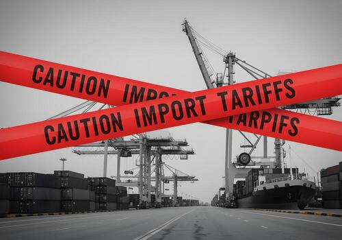 Caution Import Tariffs Red Warning Tape Blocking Access to a Busy Cargo Port Representing Trade Restrictions and Economic Challenges photo