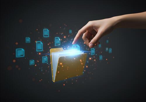 Hand reaching out to select a digital file from a glowing folder in a dark cyberspace concept of data management digital archiving and online storage photo