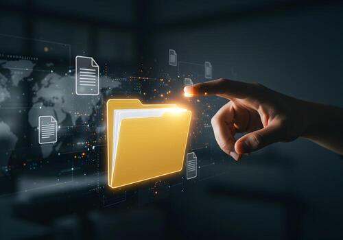 Hand reaching out to select a digital folder containing documents symbolizing data management and global connectivity in a futuristic technological setting photo