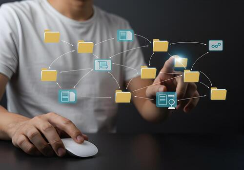 Person managing digital files and data online using a computer mouse and interacting with a network of folders and documents in a virtual workspace The concept represents efficient data management and photo