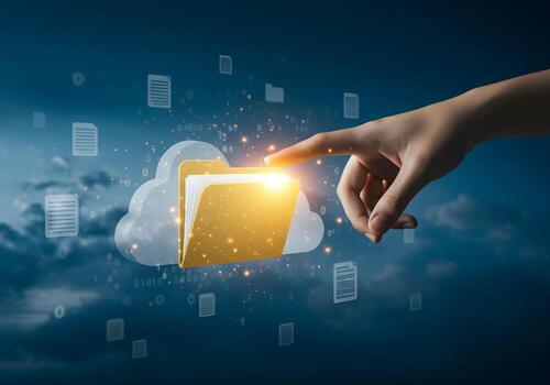 Hand reaching out to select a digital folder in a cloud storage network symbolizing data access security and the concept of remote work photo