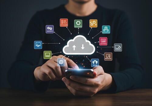Person using smartphone to access cloud computing services showcasing seamless data synchronization storage and global connectivity The image depicts a modern innovative technology concept with a futu photo
