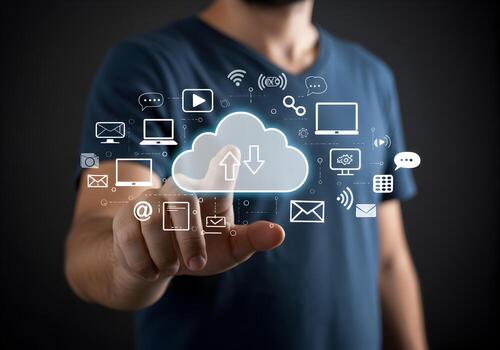 Man Interacting with Cloud Computing Interface Digital Technology Data Transfer and Network Concept photo