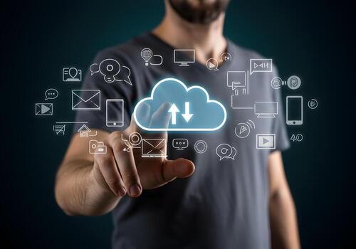 Man Interacting with Cloud Computing Interface Uploading and Downloading Data Digital Technology Concept photo