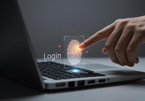 Fingertip Accessing Biometric Fingerprint Login on Laptop Computer for Secure Digital Identity photo