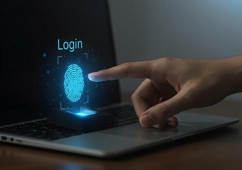 Fingertip scanning biometric login on laptop computer for secure access and digital privacy at night photo