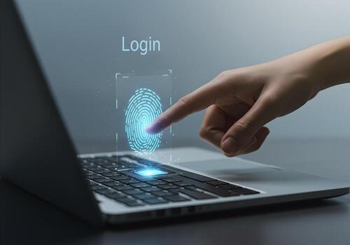 Fingertip Accessing Biometric Fingerprint Scanner Login on Laptop Computer for Secure Cyber Security photo