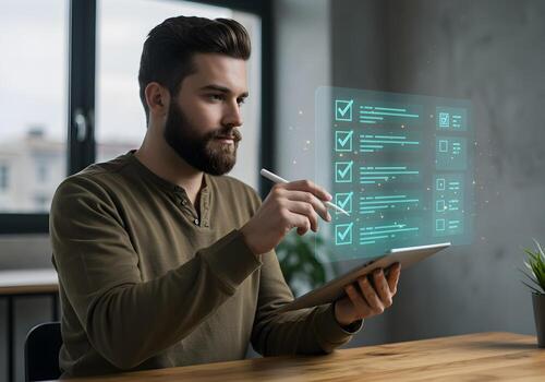 Man using stylus on digital tablet checking off tasks on a checklist in modern office concept of productivity and efficiency photo