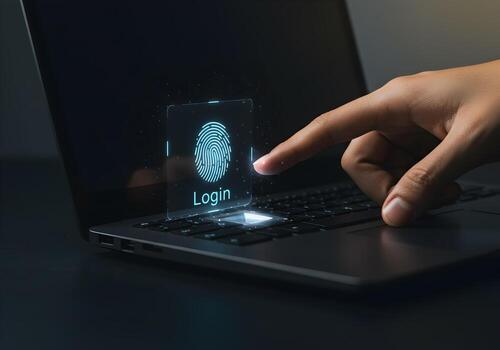 Fingertip Accessing Biometric Fingerprint Login on Laptop Screen Futuristic Digital Security Concept Closeup View of Hand Interacting with Technology Interface Modern Secure Authentication System photo