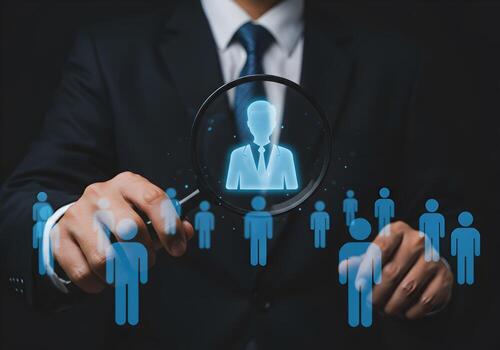 Businessman using magnifying glass to carefully select a candidate from a digital pool of applicants representing meticulous recruitment and HR processes The image conveys a concept of precision and e photo