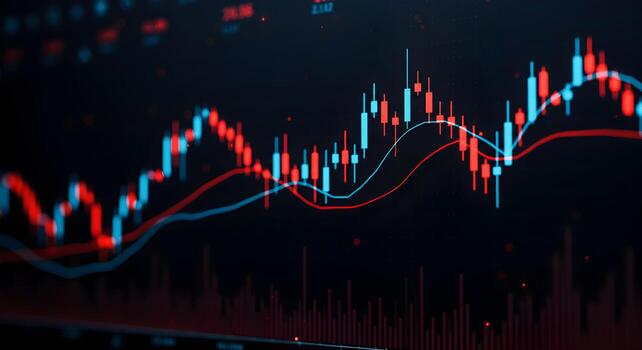Candlestick chart and moving average lines fluctuating on a computer screen illustrating dynamic stock market trends and financial data analysis photo