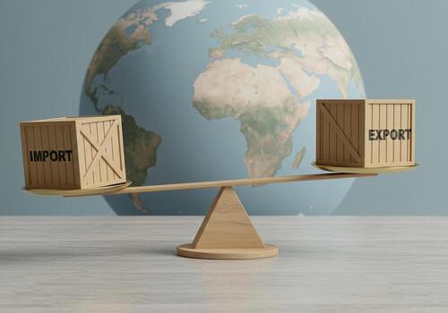 Wooden crates labeled IMPORT and EXPORT balancing on a scale against the backdrop of a world map symbolizing global trade equilibrium and international commerce photo