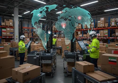 Warehouse workers using automated guided vehicles manage and monitor global logistics operations in a modern distribution center showcasing efficient supply chain management and technological advancem photo