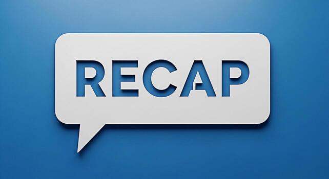 White recap text in a speech bubble on a blue background providing a summary of key points photo
