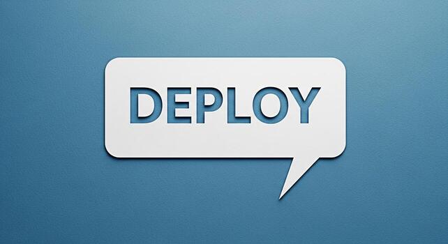 Deploy text in a speech bubble against a blue background representing software development and technology photo