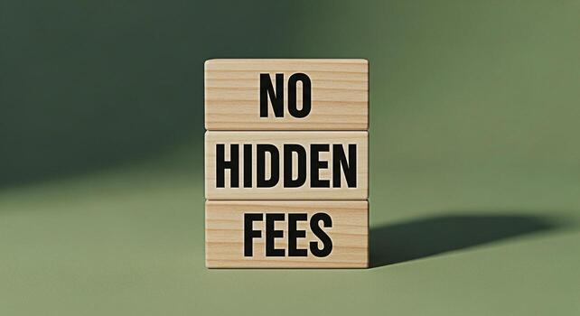 Wooden blocks stacked to display the message no hidden fees on a green background in a studio setting photo