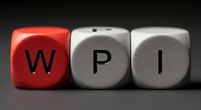Three dice spelling out wpi on a dark surface in a macro studio shot close up view photo