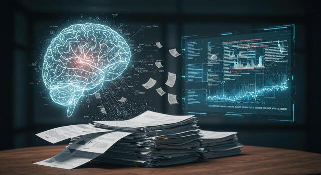 Brain data analysis artificial intelligence with stack of papers and digital interface photo
