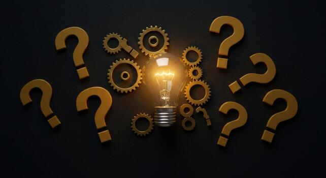 Concept of solution lightbulb with gears and question marks photo