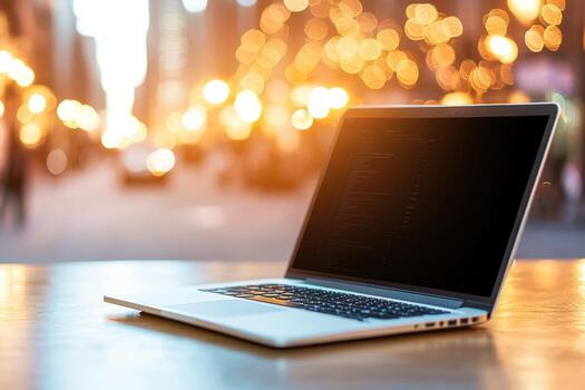 Laptop device on table with abstract background illumination photo