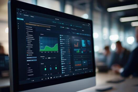 Data visualization on computer screen in office meeting photo