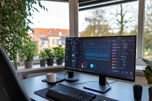 Home office setup with financial data visualization on computer screen photo