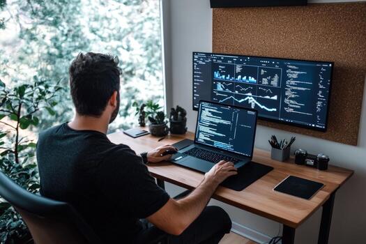 Remote work environment with computer and monitor displaying data photo