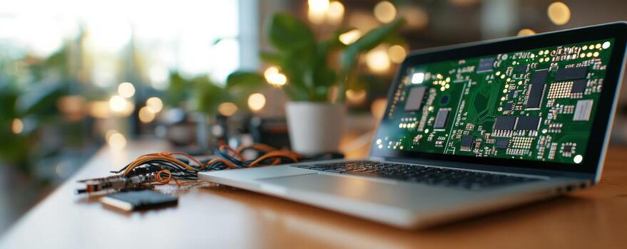 Laptop displaying circuit board diagram for electronics or computer science concept photo