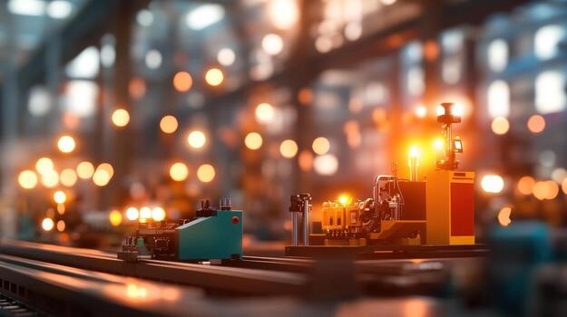 Automated factory technology on conveyor belt production line with bokeh lights photo