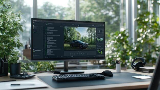 Modern workplace with desktop computer editing software photo
