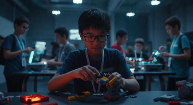 Boy build toy block model for creative learning and development photo