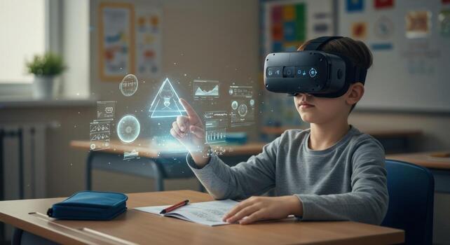 Boy using virtual reality headset for interactive learning in a classroom photo