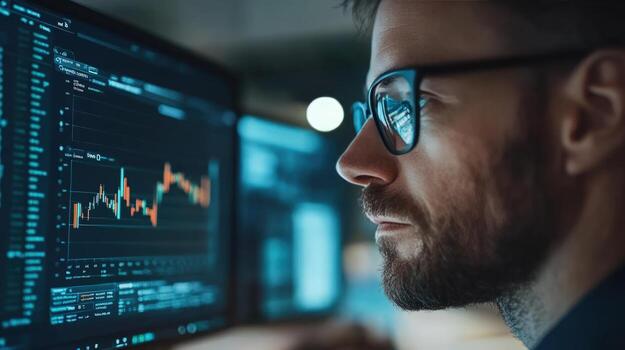 Man analyzing financial data stock market charts on computer screen photo