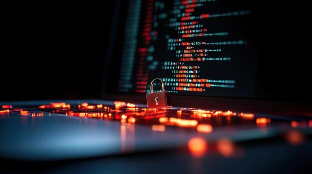 Cyber security and data encryption on computer with padlock photo