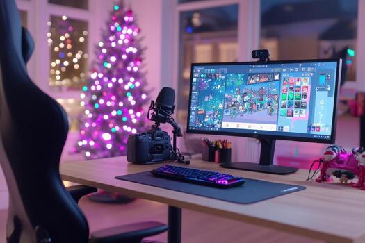 Home computer setup with christmas tree and tech devices photo