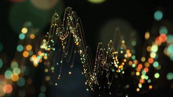 resumen ondulado líneas iluminado por vistoso brillante partículas en oscuro bokeh antecedentes. video