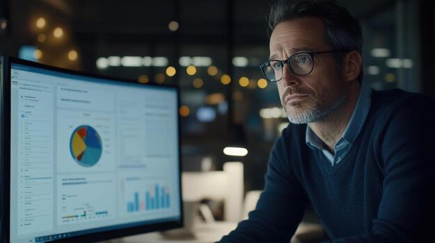 Man analyzing data on computer screen at night photo