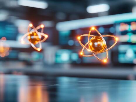 Abstract atom model with glowing orbitals for science and technology concepts photo