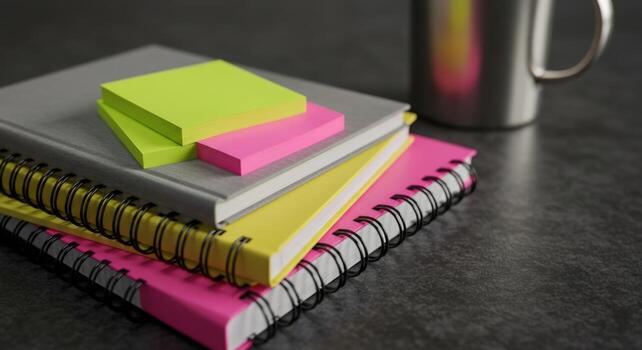 Stack of colorful notebooks with sticky notes and a mug photo