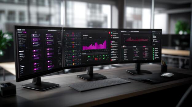 Three computer monitors displaying stock market data information photo