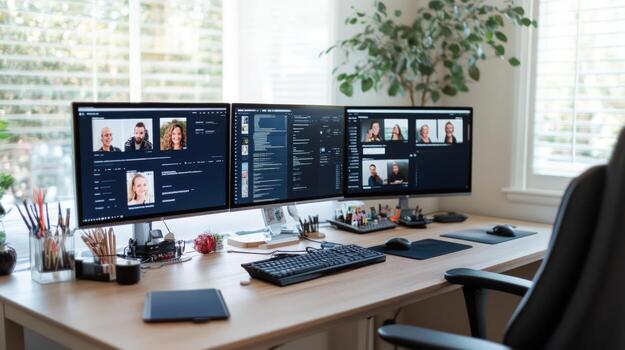 Workspace with multiple monitors displaying conference and coding application photo