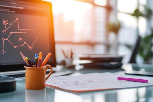 Workstation computer screen with data chart and writing tools photo