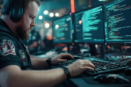 Man coding on multiple computer screens in dark room photo