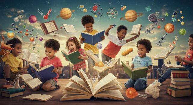 Children exploring knowledge through books and science concepts photo