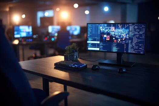 Workspace setup with computer screen displaying code and keyboard on table photo