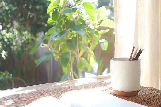 Open notebook and pencils on table near window with greenery photo