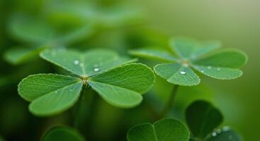 cuatro hoja trébol macro con agua gotas para suerte y naturaleza concepto foto